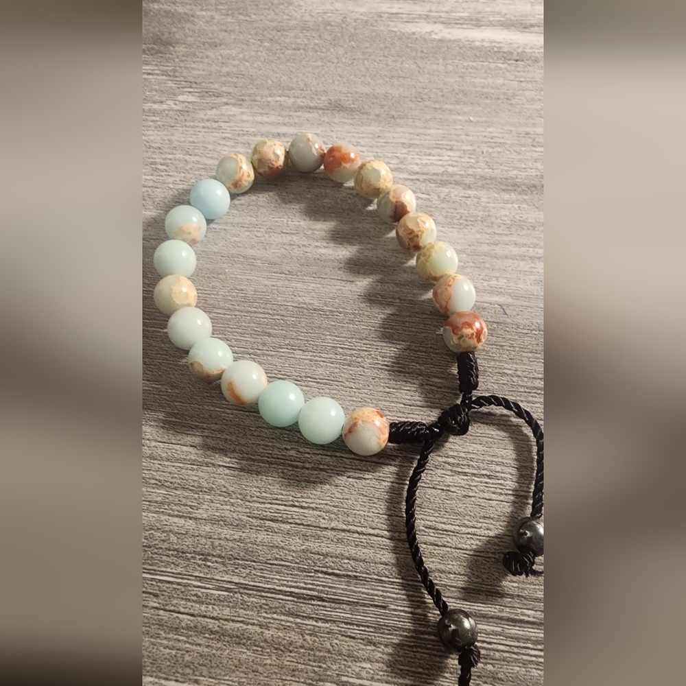 Beaded Adjustable Bracelet 6 3/4" To 8 1/2". Jade Stone.